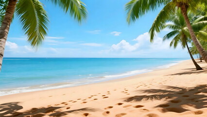 Fototapeta premium Tropical beach with palm trees and clear sky, copy space for text