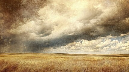 Golden field under dramatic sky, textured with aged sepia tones