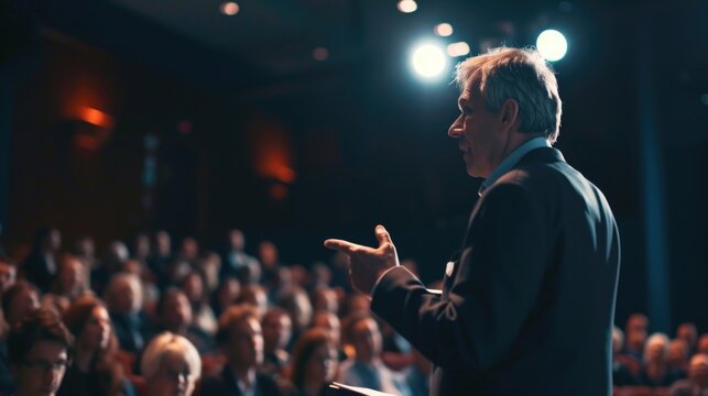 senior businessman giving a presentation front of people  in a conference room.