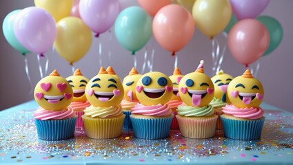 Adorable cupcakes topped with edible emoji faces like 😍 😋 😂 🎉 displayed on a party table with balloons and confetti