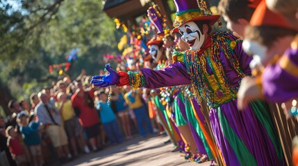 Colorful parade participants handing out trinkets to spectators.