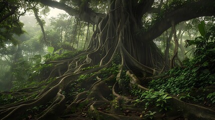 An ancient jungle tree taller than nearby vegetation

