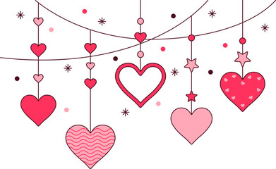 Hanging hearts decoration corner. Valentine day, romantic with creative love composition of the hearts. Vector isolated.