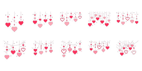 Hanging hearts decoration corner. Valentine day, romantic with creative love composition of the hearts. Vector isolated.