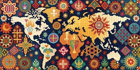 Naklejka premium A World Map Adorned with a Tapestry of Symbolic Designs and Ornamental Patterns