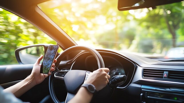 Person using smartphone while driving car.