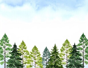 Fototapeta premium Watercolor painting of various green pine trees against a soft blue sky background