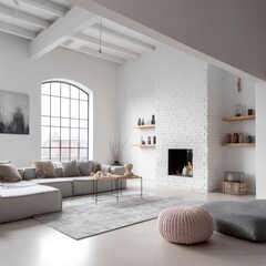 Spacious minimalist living room with a simple open layout and modern furniture for comfort.