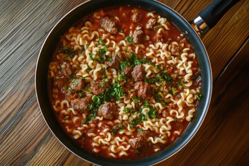 Hearty pasta dish in a skillet