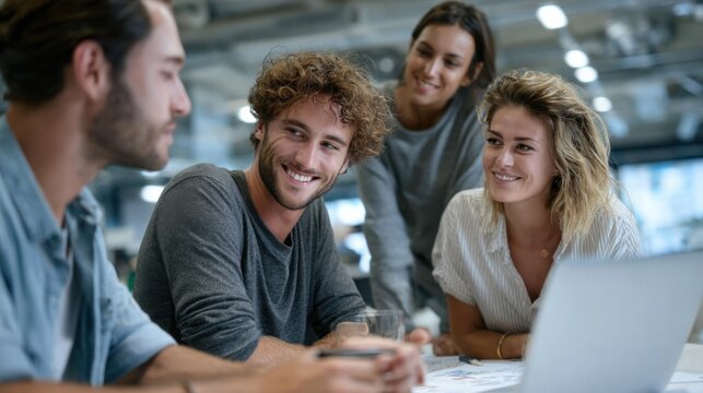 Collaborative Synergy: A team of innovative individuals engaged in a focused brainstorm session around a laptop, capturing their collaborative spirit. - Powered by Adobe