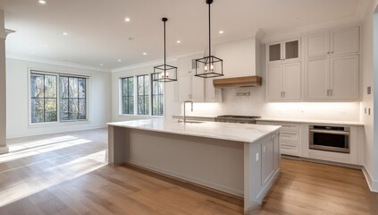 Spacious kitchen with an island, clean surfaces, and a minimalist design for a sleek look.