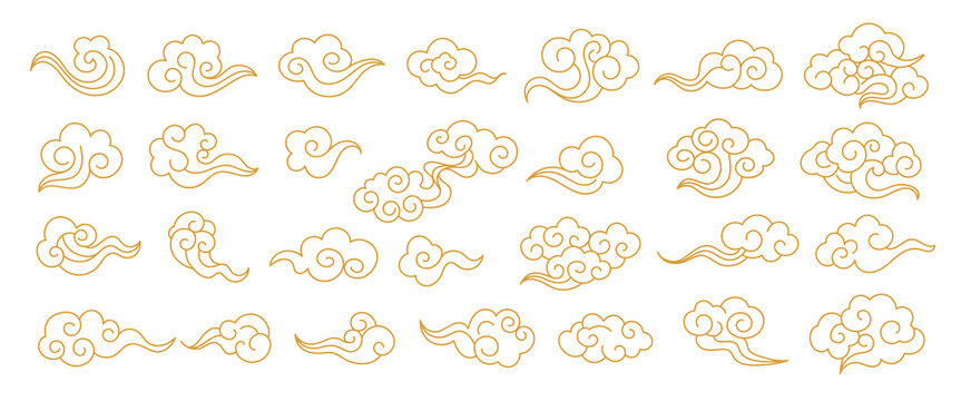 Outline style set of traditional Chinese clouds with swirling decorative elements,isolated on a white background