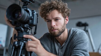 Focused Photographer at Work: A diligent photographer, engrossed in his craft, meticulously adjusts the camera on a tripod, embodying dedication and artistry within a studio setting.
