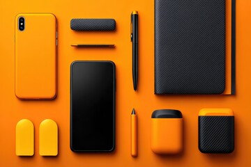Orange and black mobile accessories arranged on an orange background.