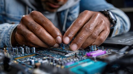 Precision in Technology: An expert focuses with deft hands on intricate electronics and components, symbolizing innovation and technological advancement