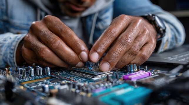 Precision in Technology: An expert focuses with deft hands on intricate electronics and components, symbolizing innovation and technological advancement