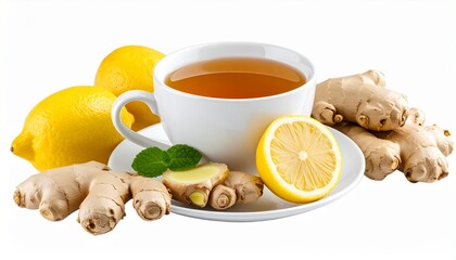 Fresh ginger roots, lemon and cup of tea isolated on transparent or white background
