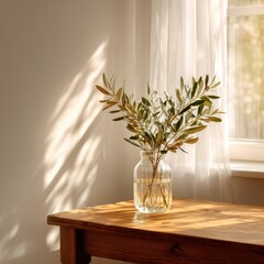 Olive branch in a clear vase, sunlit room