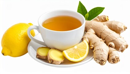 Fresh ginger roots, lemon and cup of tea isolated on transparent or white background
