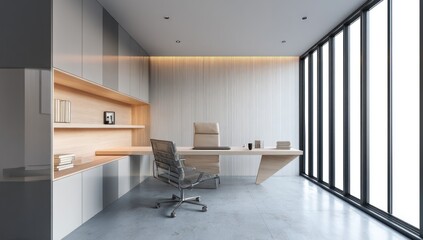 Comfortable office space featuring a minimalist desk, ergonomic chair, and soft lighting effects.