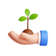 3D Realistic Hand Holding a Growing Green Plant Symbolizing Growth and Sustainability Isolated on White Background