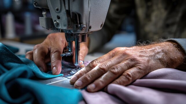 Artisan Craftsmanship: An artisan meticulously operates a sewing machine, skillfully stitching together fabric with precision, highlighting the dedication to craft and artistry.