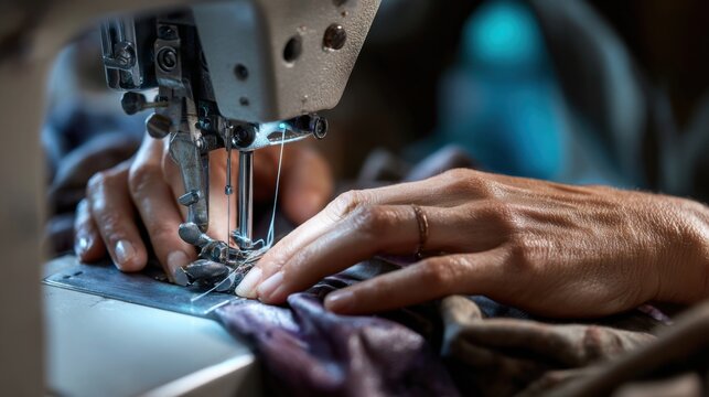 Sewing Machine Precision: A close-up of hands skillfully operating a sewing machine, focused on fabric manipulation. The scene is all about precision, craftsmanship, and the art of tailoring.