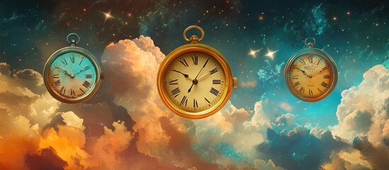 Floating antique pocket watches in a dreamlike sky