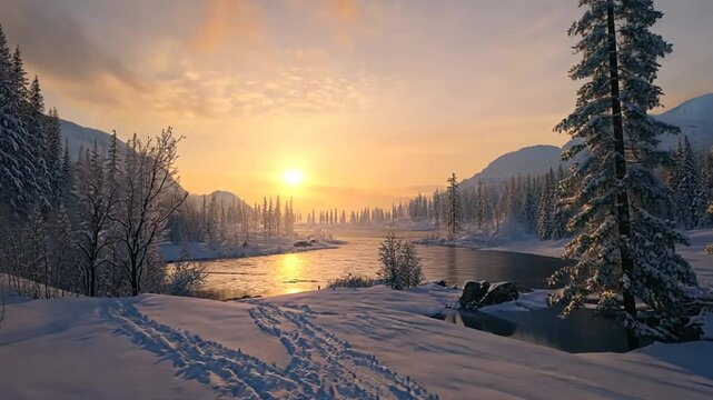 Serene Winter Landscape at Sunset: Snow-Covered River and Forest Scenery at Dusk