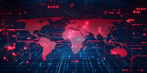 A digital world map illuminated in red and blue tones, symbolizing technology and connectivity.