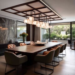 Modern dining room with a large table, contemporary chairs, and ambient lighting throughout.