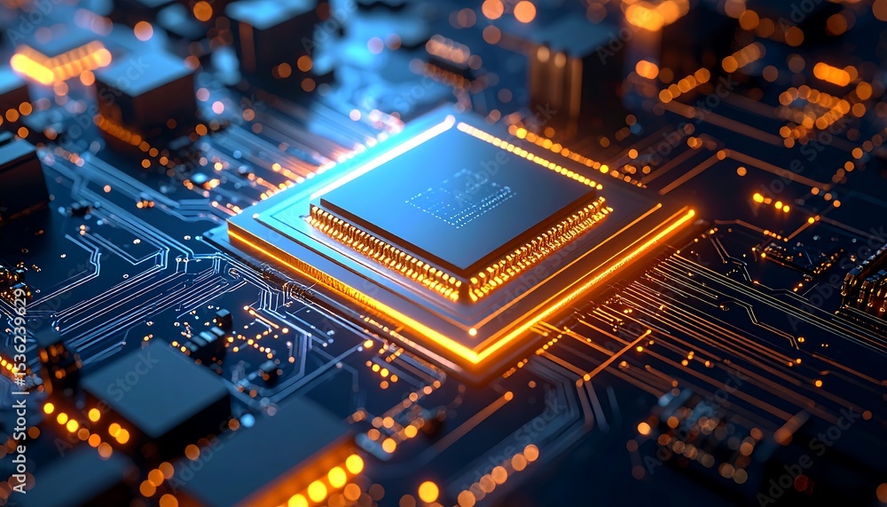 Poster illuminated computer chip futuristic technology concept with glowing circuit board closeup.