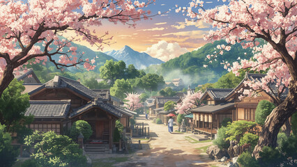 Fototapeta premium Anime-inspired scenic village with sakura trees and distant mountain under a clear blue sky — serene and cinematic illustration