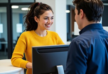 Young Woman in Yellow Sweater Smiles at Man During Computer Session in Office