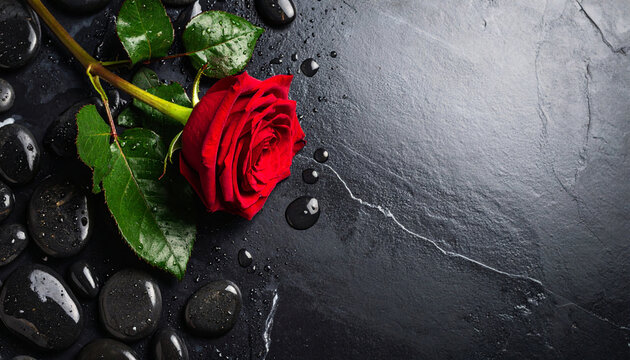 A red rose and water drop against a black background.