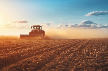 Fototapeta premium Tractor plowing a wide golden field