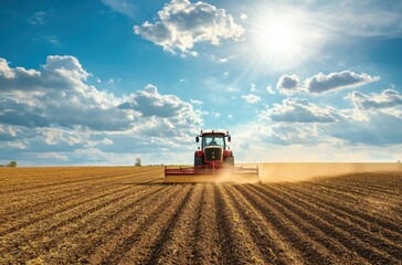 Naklejka premium Tractor plowing a wide golden field