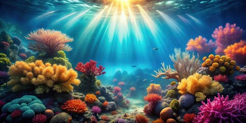 Naklejka premium Vibrant Underwater Scene Showcasing a Thriving Coral Reef Ecosystem with Sunbeams Penetrating the Water