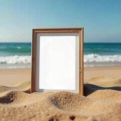 Capture your summer memories with this serene beach scene mockup, featuring an empty wooden frame resting on golden sand against a backdrop of ocean waves.
