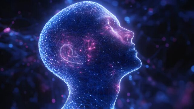 Digital Head A glowing, connected human head in blue and magenta against a dark background - Powered by Adobe
