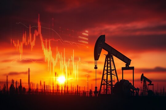 Silhouetted oil pumps against a vibrant sunset with financial graphs overlay, creating a dramatic scene. - Powered by Adobe