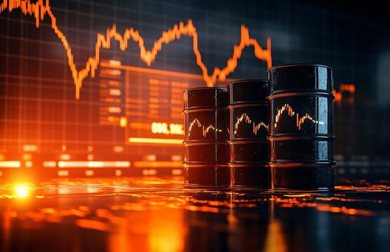 Black barrels representing oil storage with stock market data backdrop, symbolizing the trading environment.