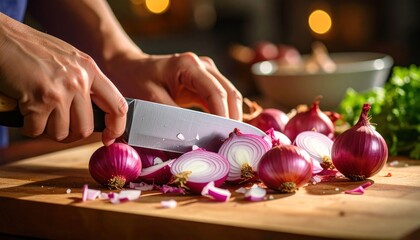 Person chopping red onions on wooden board