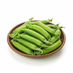 Fresh green peas sit in a brown ceramic bowl against a plain white backdrop making them stand out