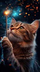 A cute tabby cat with captivating eyes casts a magical spell with a sparkler wand amid a dreamy cosmos of stars, bing a whical fantasy to life magically.