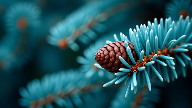 A detailed macro shot of a deep blue coniferous branch adorned with cones, showcasing the texture of its short needles against a blurred green background.