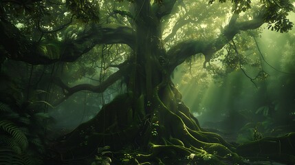 An ancient tree with roots deep in jungle soil

