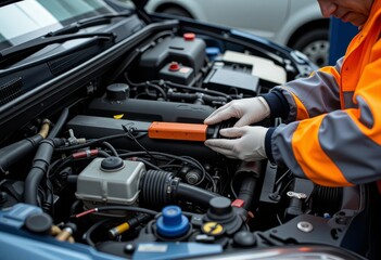 Auto Mechanic Inspecting Car Engine with Diagnostic Tool Close up View