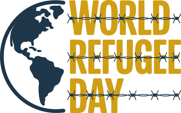 Barbed wire circle surrounding golden world refugee day typography with globe map background in calm tones  