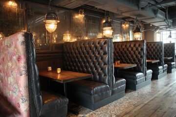 Elegant booths with tufted backs and vintage flooring